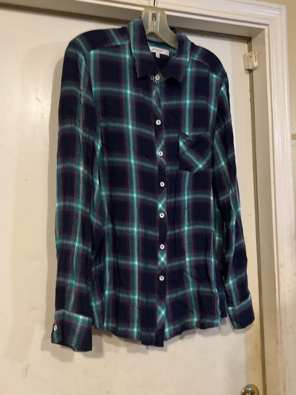 Foxcroft Navy Plaid Button-Down Shirt with Teal and White Accents